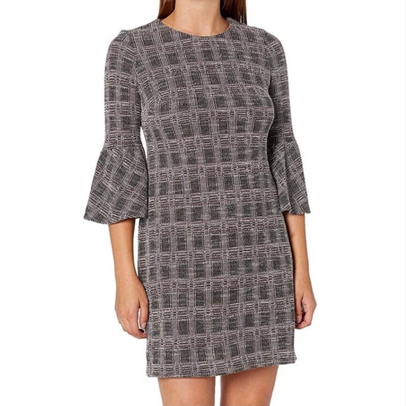 Calvin Klein 8 Bell Sleeve Shift Dress Tweed Black Gray Stretch Plaid Sheath - Picture 12 of 12
